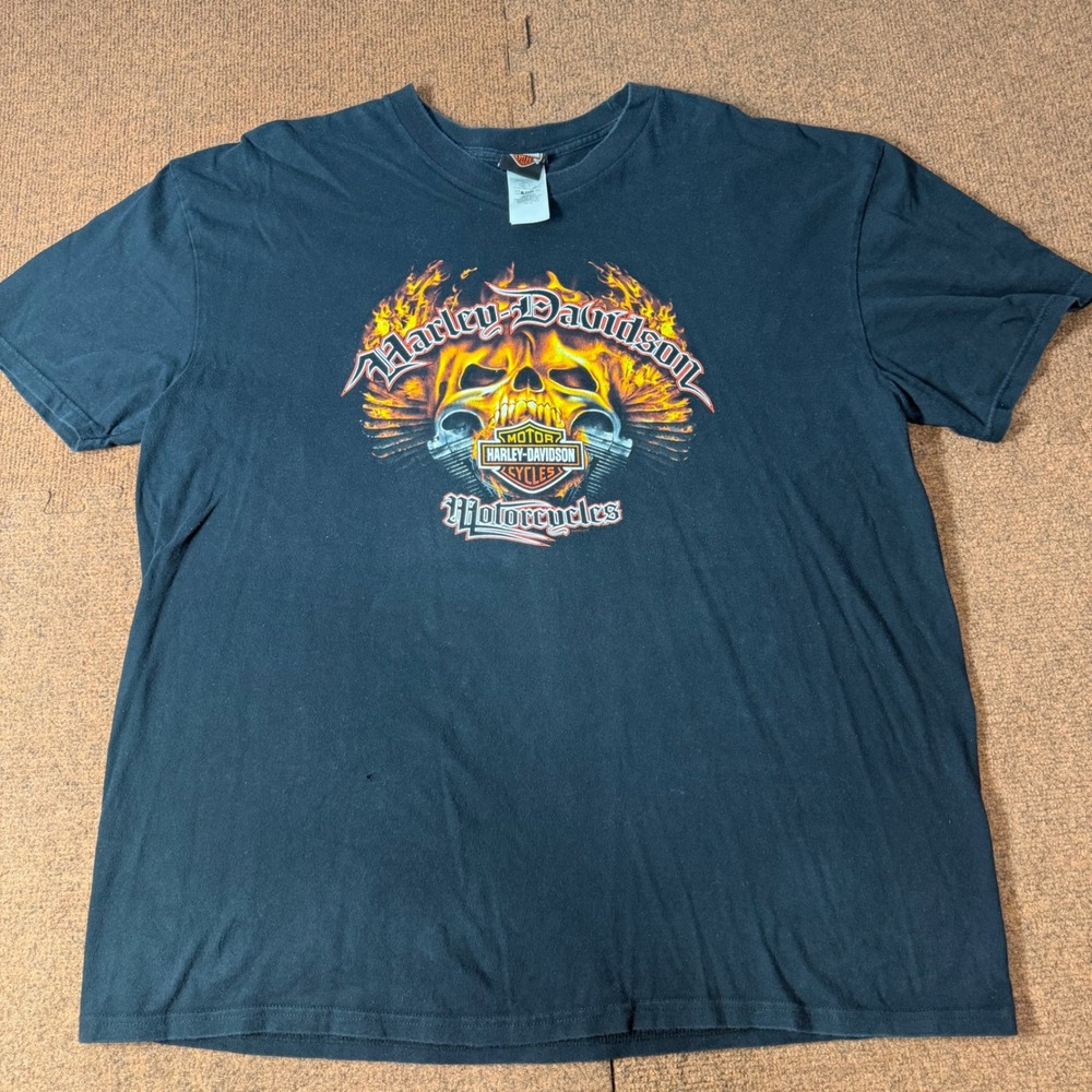 Harley Davidson Mens 2XL Black T-Shirt Flaming Skull Graphic Biker Tee B+ shirt
